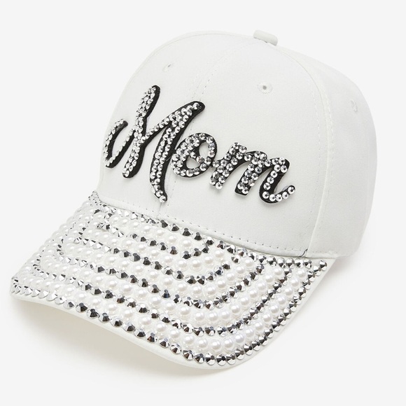 Ashley Stewart Accessories - Crystal Stud and Pearl Embellished Mom White Baseball Hat (LV09)